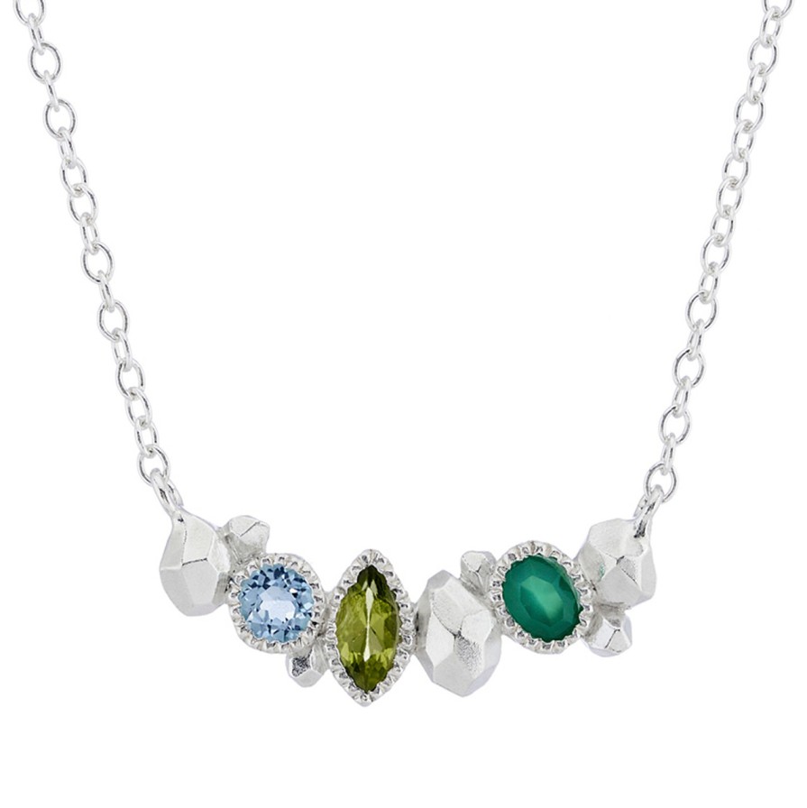 Necklaces Tomfoolery London | Gea Trio Necklace In Silver With Aquamarine, Peridot & Onyx