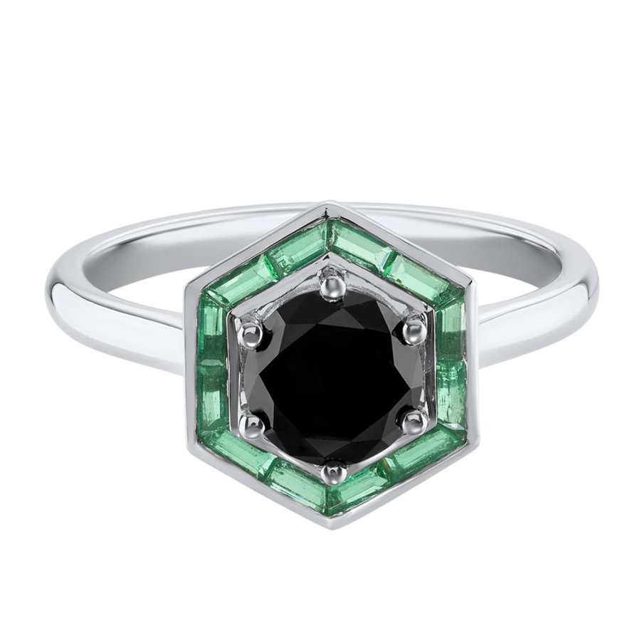 Rings Tomfoolery London | Black Diamond Hex Emerald Channel Set Ring