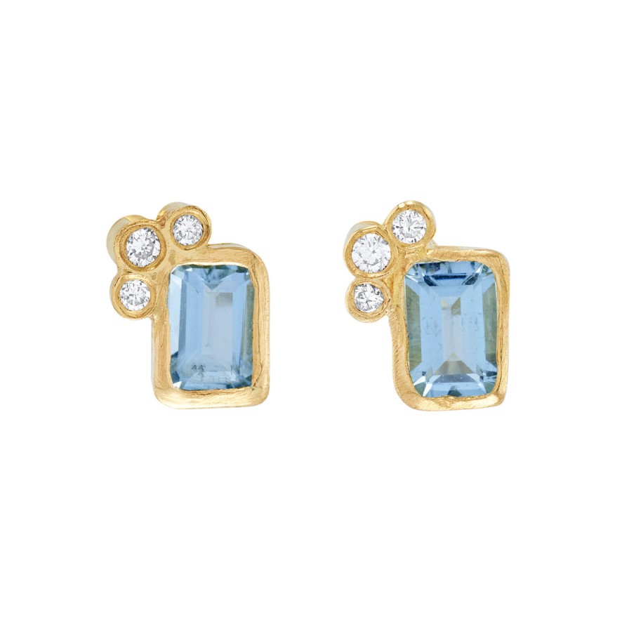 Earrings Tomfoolery London | 18Ct Yellow Gold, Aquamarine & Diamond Cluster Studs