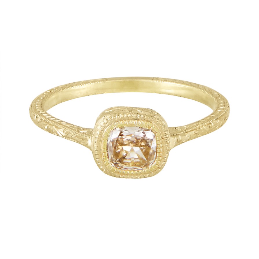 Rings Tomfoolery London | Engraved Cathedral Ring With Champagne Diamond