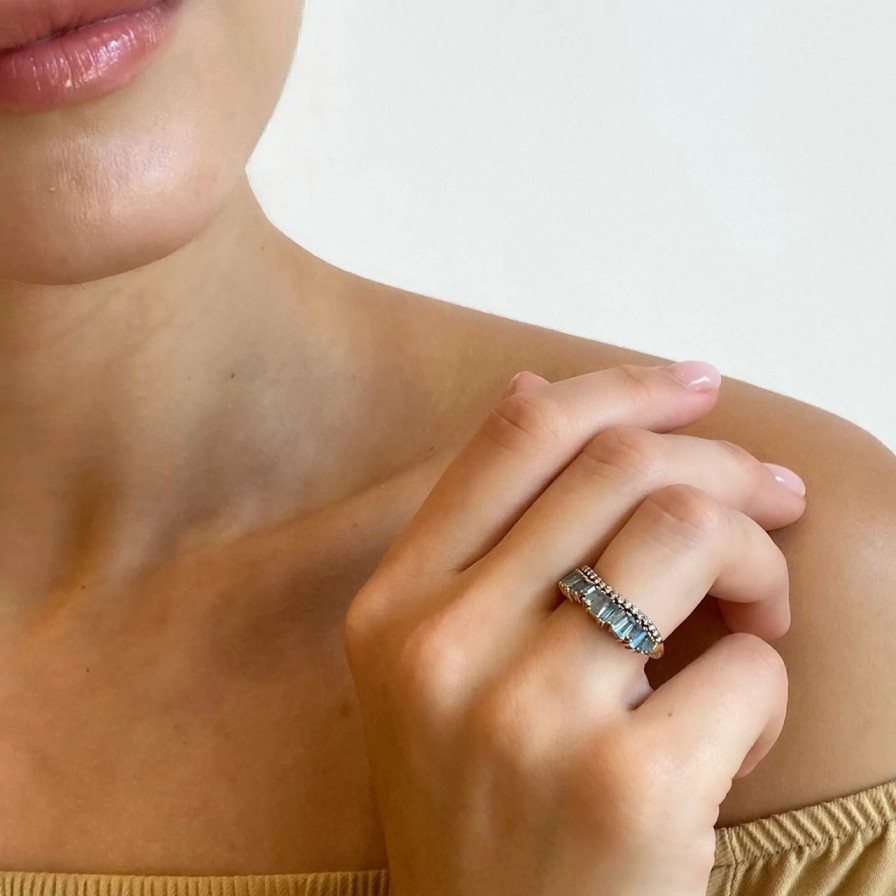 Rings Tomfoolery London | Aquamarine & Labradorite Single Ruched Band Ring In 20Ct Rose Gold