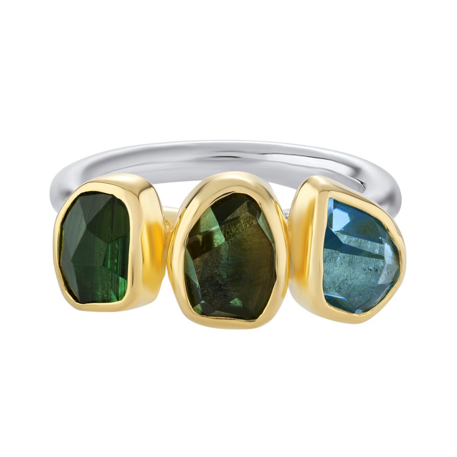 Rings Tomfoolery London | Aquamarine, Green Tourmaline & Green Amethyst Three Stone Rounded Band Ring