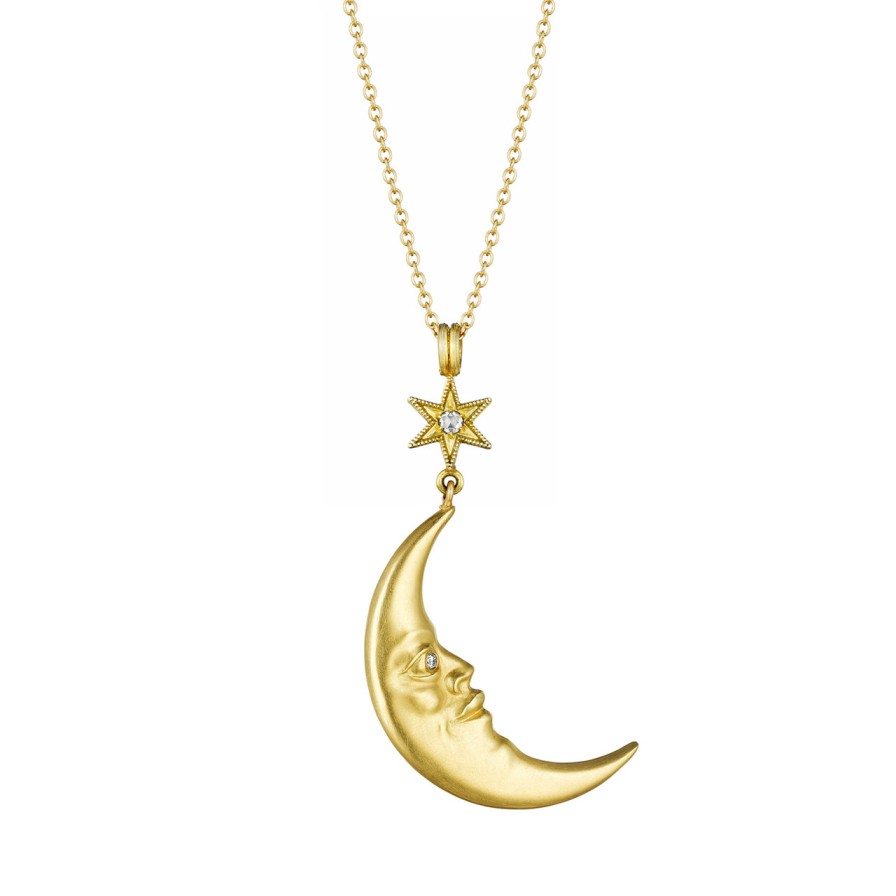 Necklaces Tomfoolery London | Star Struck Crescent Moonface Pendant