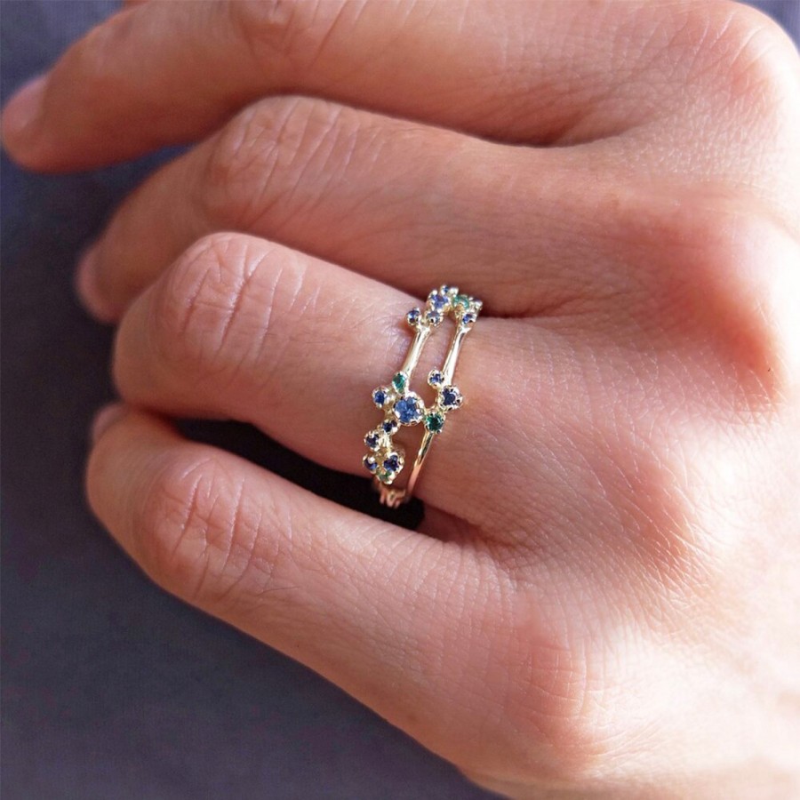 Rings Tomfoolery London | Sparkler Double Band Ring With Blue Sapphire + Emerald