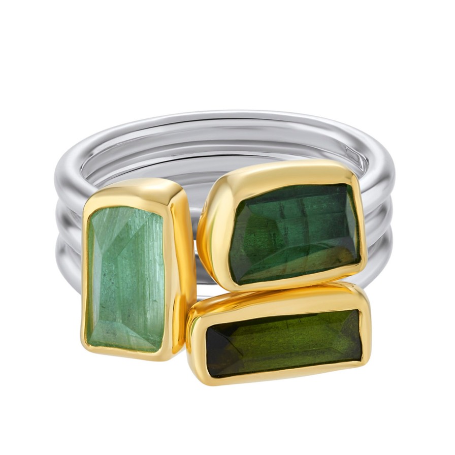 Rings Tomfoolery London | Green Tourmaline, Aquamarine, Green Amethyst, 18Ct Yellow Gold & Silver Triple Band Ring