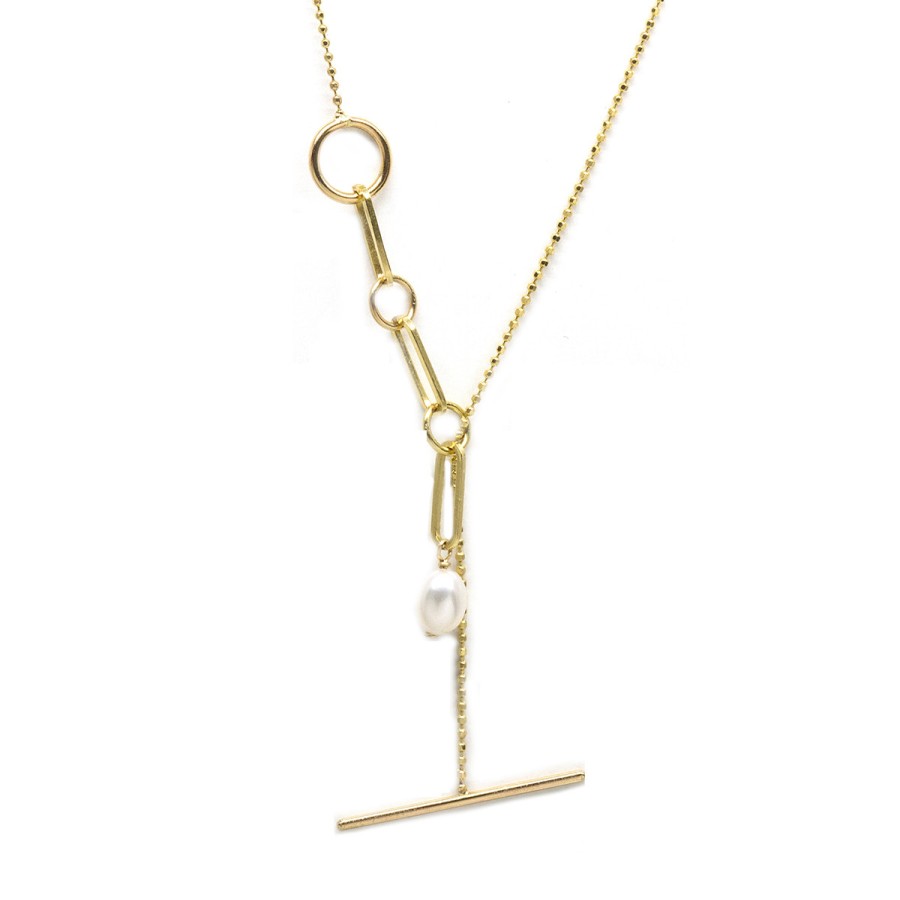 Necklaces Tomfoolery London | Chain Link Pearl Toggle Necklace In 14K Yellow Gold