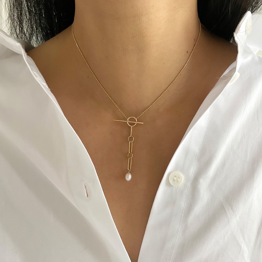 Necklaces Tomfoolery London | Chain Link Pearl Toggle Necklace In 14K Yellow Gold