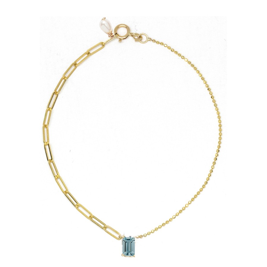 Necklaces Tomfoolery London | Contrast Link Bead Chain Necklace With Aquamarine In 14Ct Yellow Gold