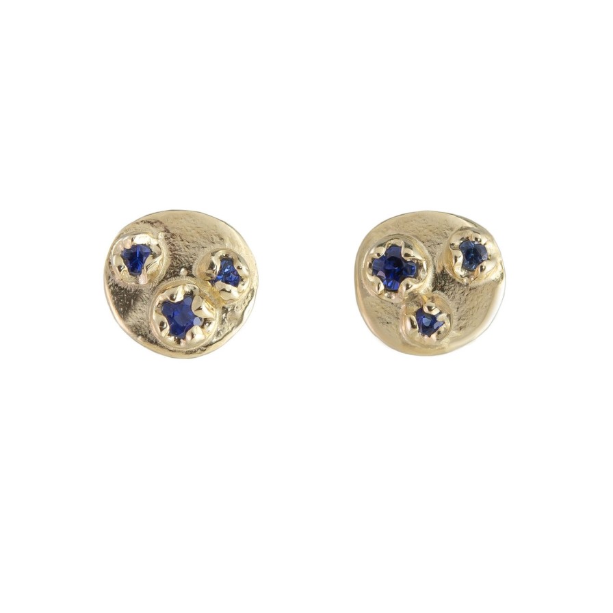 Earrings Tomfoolery London | Blue Sapphire & 14Ct Yellow Gold Shield Studs