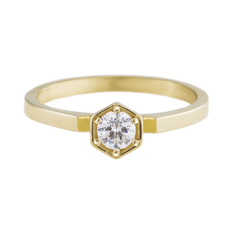 Rings Tomfoolery London | Diamond & 9Ct Yellow Gold Hexagon Solitaire Ring