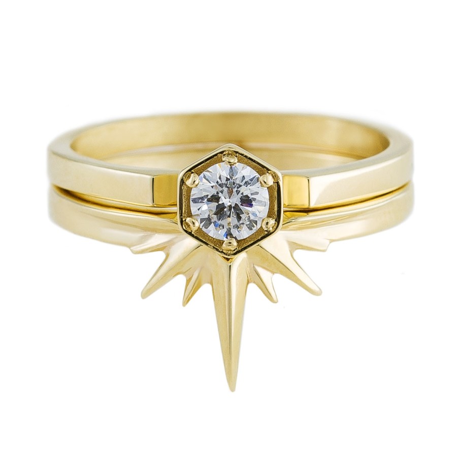 Rings Tomfoolery London | Diamond & 9Ct Yellow Gold Hexagon Solitaire Ring