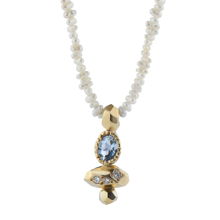 Necklaces Tomfoolery London | Gea Pearl Column Necklace With Aquamarine & Diamonds