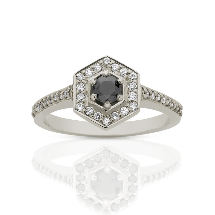 Rings Tomfoolery London | Black & White Diamond 18Ct White Gold Mini Hex Ring