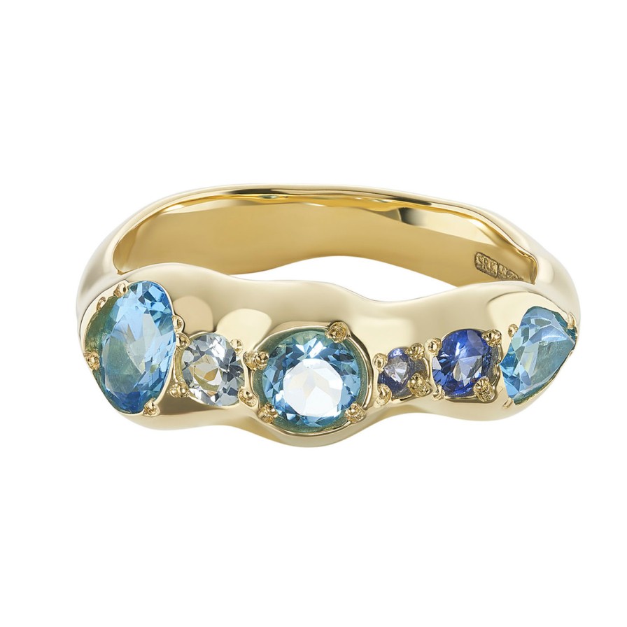 Rings Tomfoolery London | Tf Exclusive 14Ct Yellow Gold, Blue Topaz, Purple Sapphire & Aquamarine Sparkling Water Band