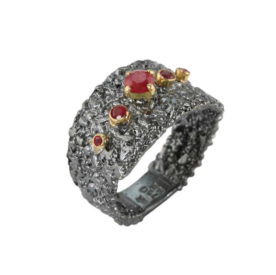 Rings Tomfoolery London | Oxidised Silver & Ruby Textured Wide Ring