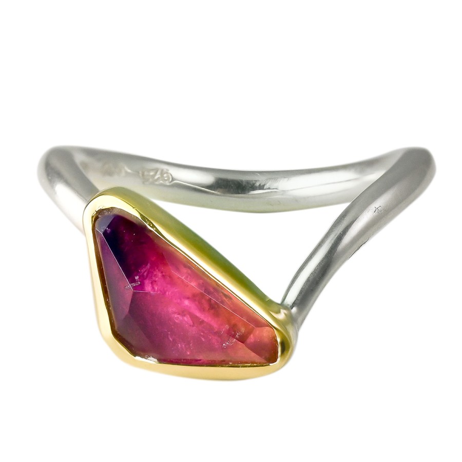 Rings Tomfoolery London | Irregular Cut Red Tourmaline, 18Ct Yellow Gold & Silver Stacking Ring