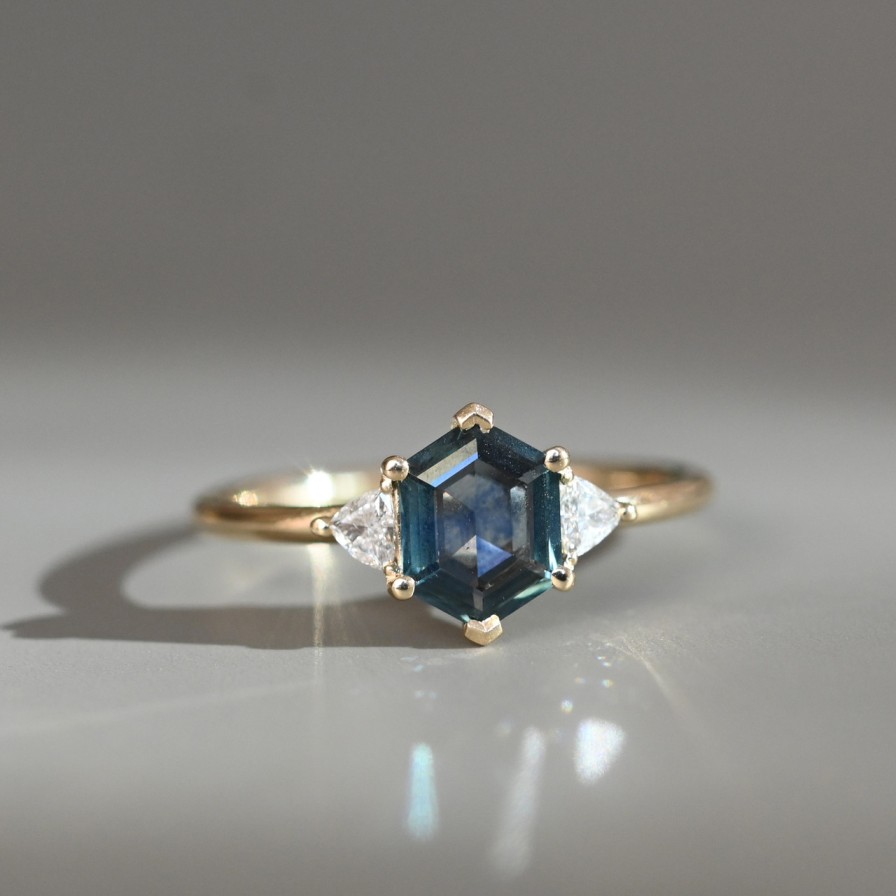 Rings Tomfoolery London | Trio Hex Montana Sapphire & Diamond Three Stone Ring