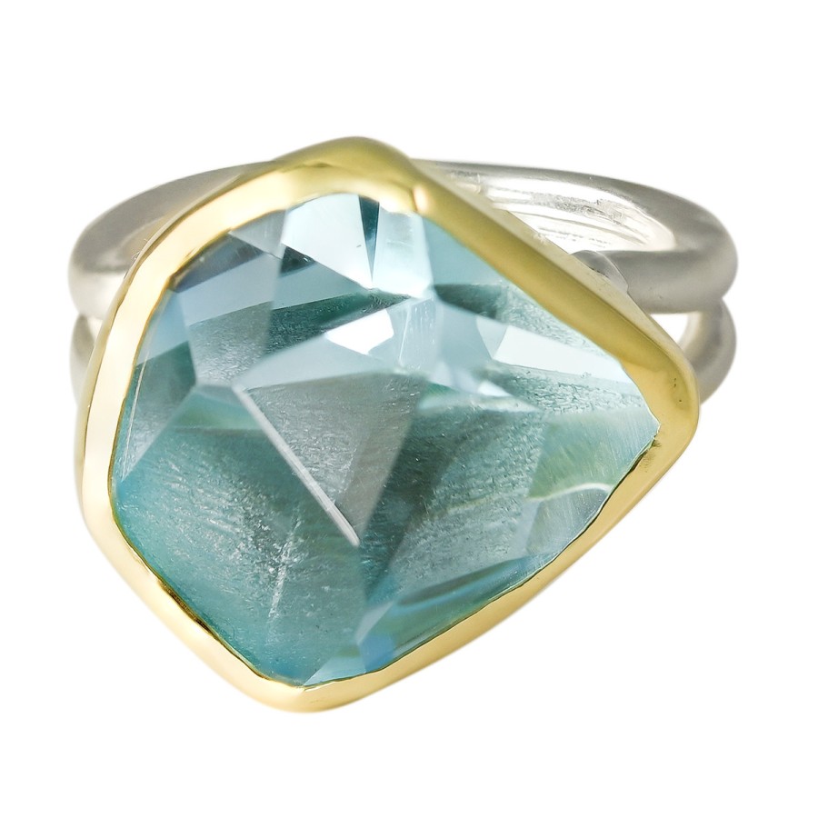 Rings Tomfoolery London | Large Irregular Cut Aquamarine, 18Ct Yellow Gold & Silver Double Band Ring