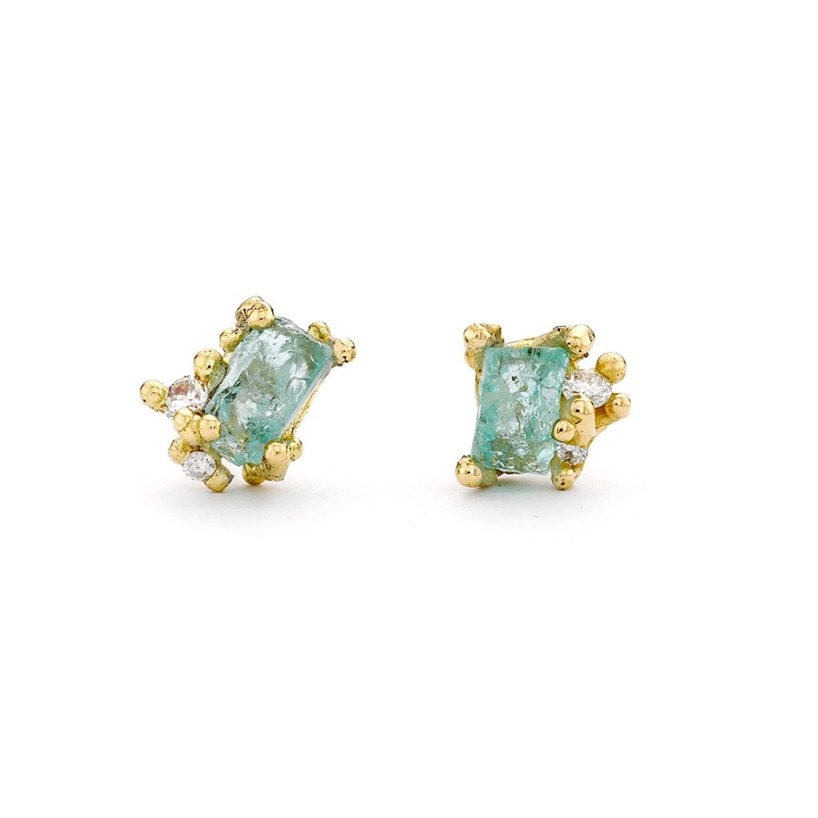 Earrings Tomfoolery London | Raw Emerald & Diamond Encrusted Studs