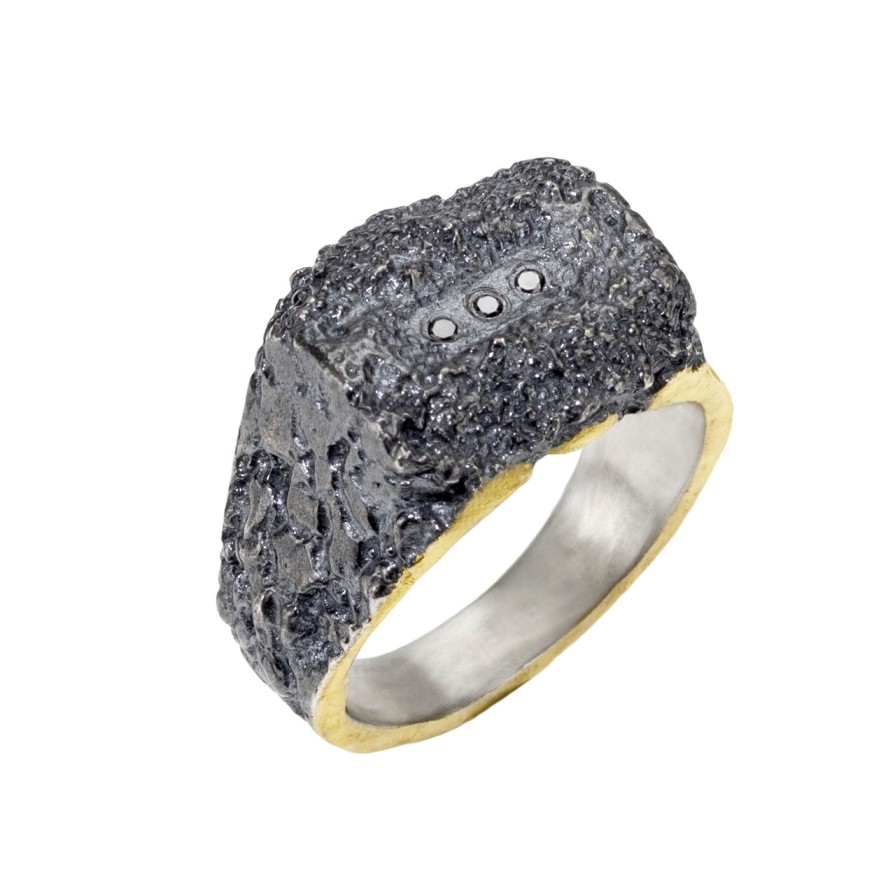 Rings Tomfoolery London | Oxidised Silver, Gold & Black Diamond Square Signet Ring