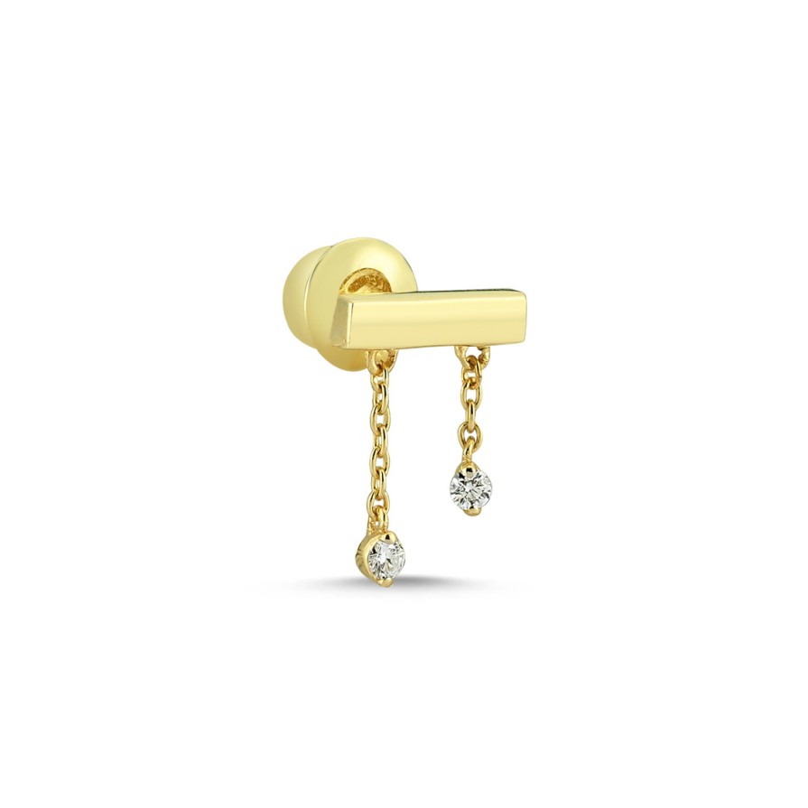 Earrings Tomfoolery London | Two Diamonds Chain Pure Single Earring In 14Ct Gold