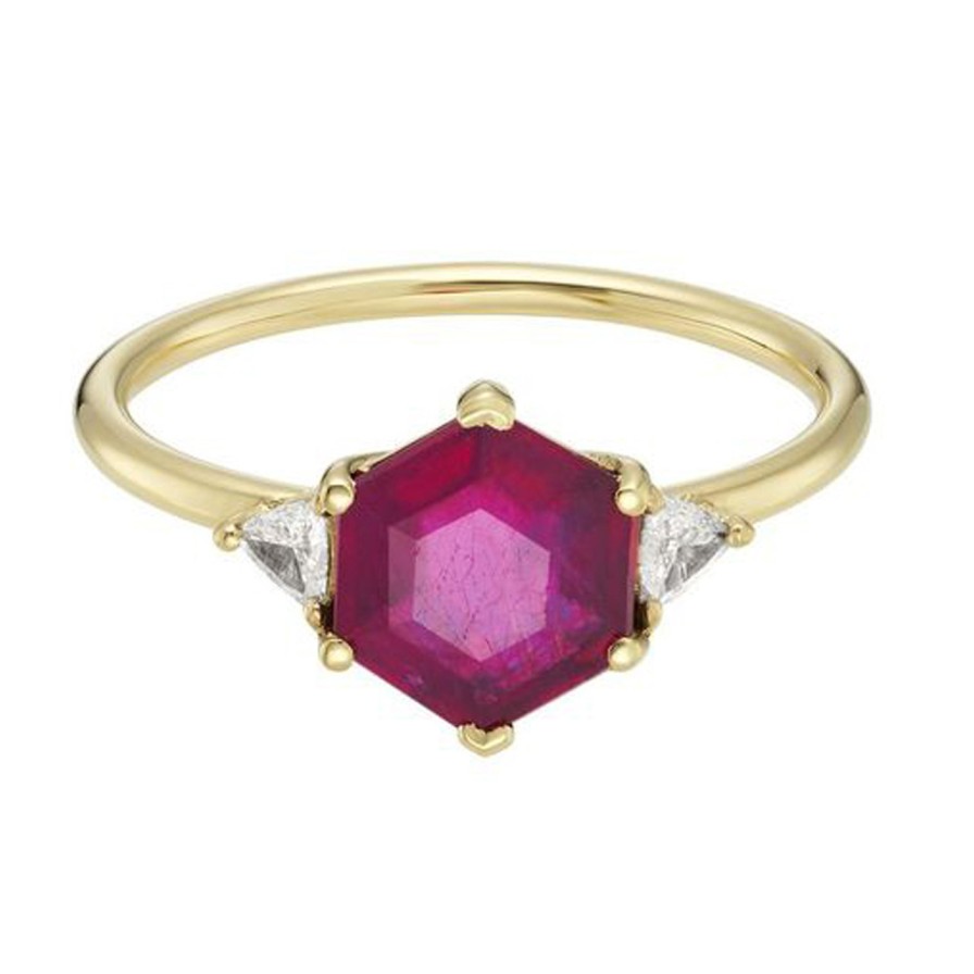 Rings Tomfoolery London | Trio Hex Ruby & Diamond Three Stone Ring