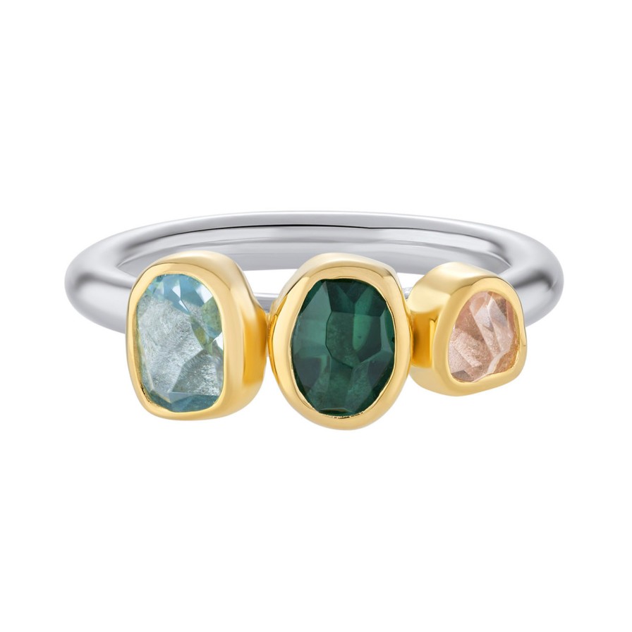 Rings Tomfoolery London | Aquamarine, Green Tourmaline & Morganite Three Stone Rounded Band Ring