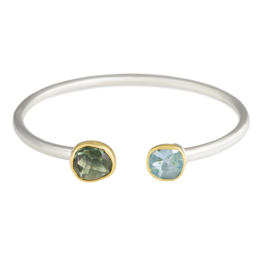 Bracelets Tomfoolery London | Green Amethyst & Aquamarine 18Ct Yellow Gold & Silver Open Cuff Bracelet