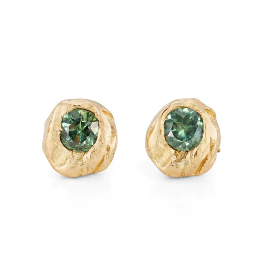 Earrings Tomfoolery London | Green Ocean Sapphire Nugget Studs