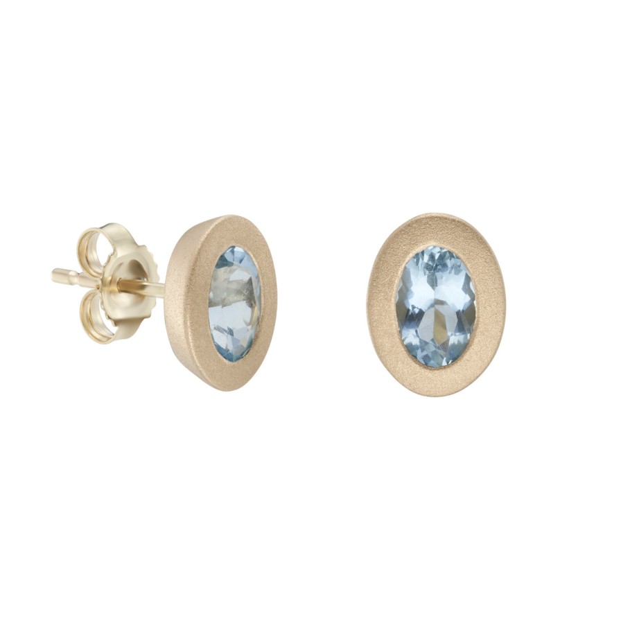 Earrings Tomfoolery London | Solo Bezel Set Aquamarine Studs