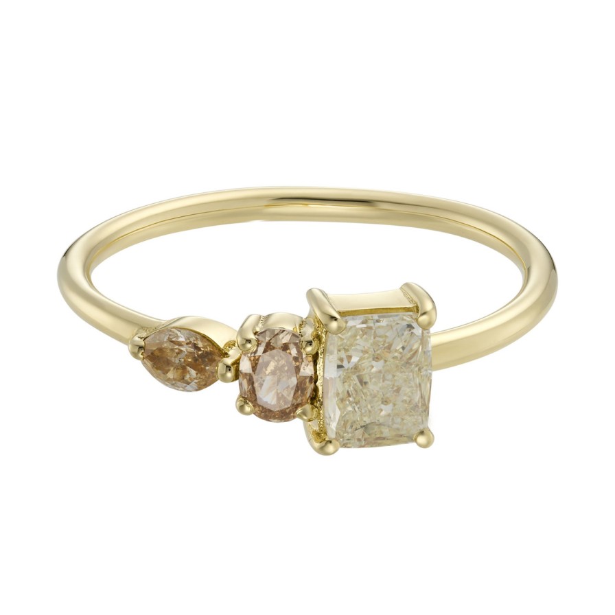 Rings Tomfoolery London | Trio Cushion Cut Yellow Diamond Three Stone Ring