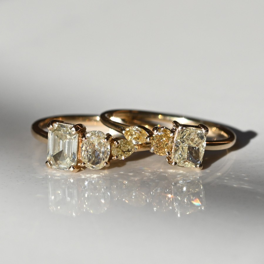 Rings Tomfoolery London | Trio Cushion Cut Yellow Diamond Three Stone Ring