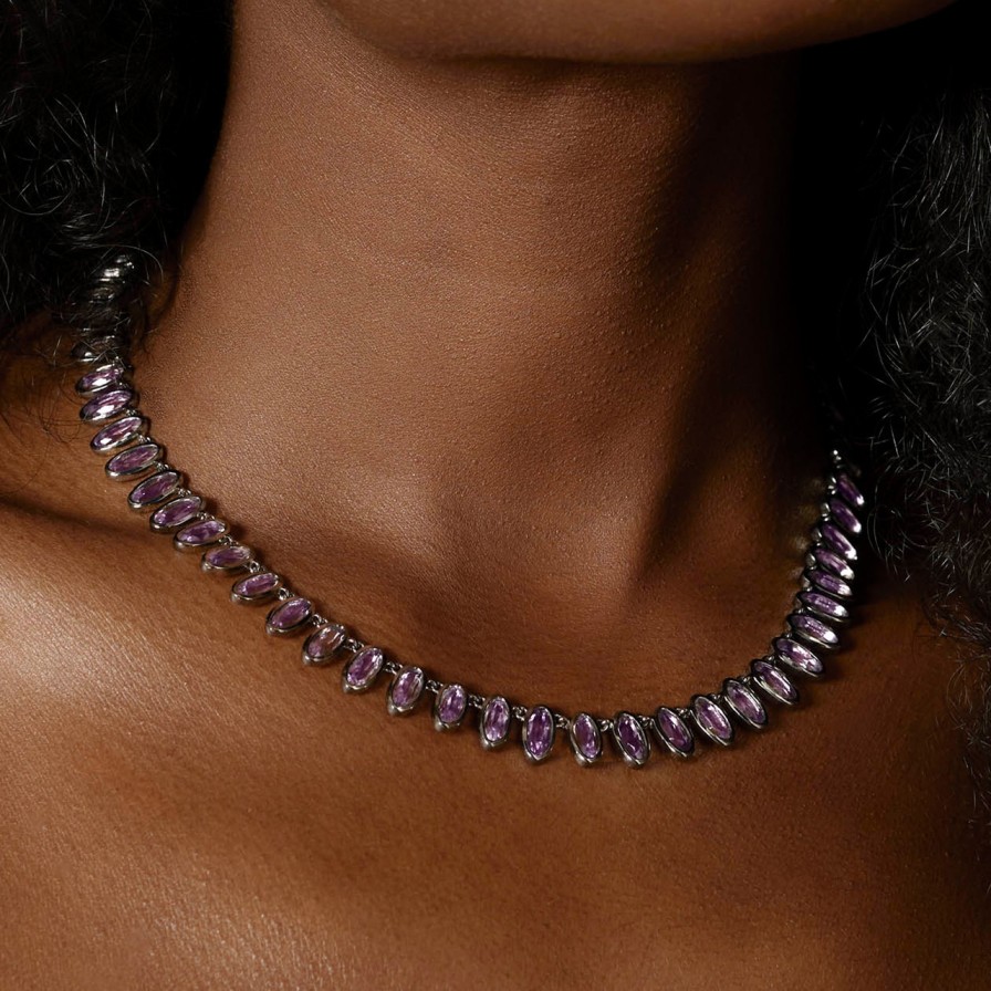 Necklaces Tomfoolery London | Purple Amethyst Oval Link Rivi Re Necklace