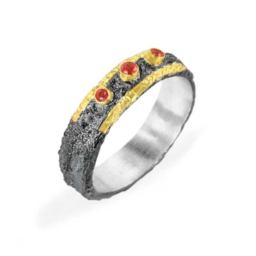 Rings Tomfoolery London | Oxidised Silver, Gold & Triple Ruby Ring