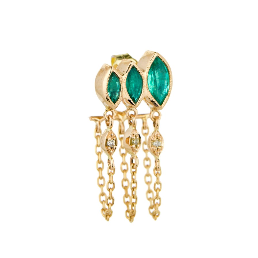 Earrings Tomfoolery London | Triple Marquise Emerald Chain Single Earring