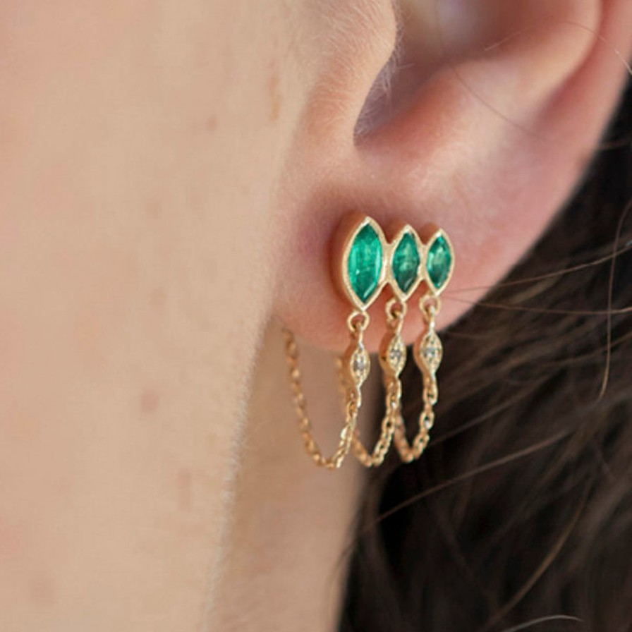 Earrings Tomfoolery London | Triple Marquise Emerald Chain Single Earring