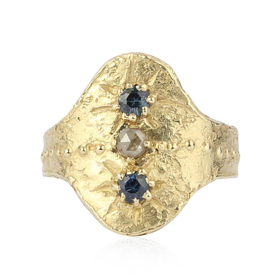 Rings Tomfoolery London | Sapphire & Milky Diamond Rustic Shield Ring