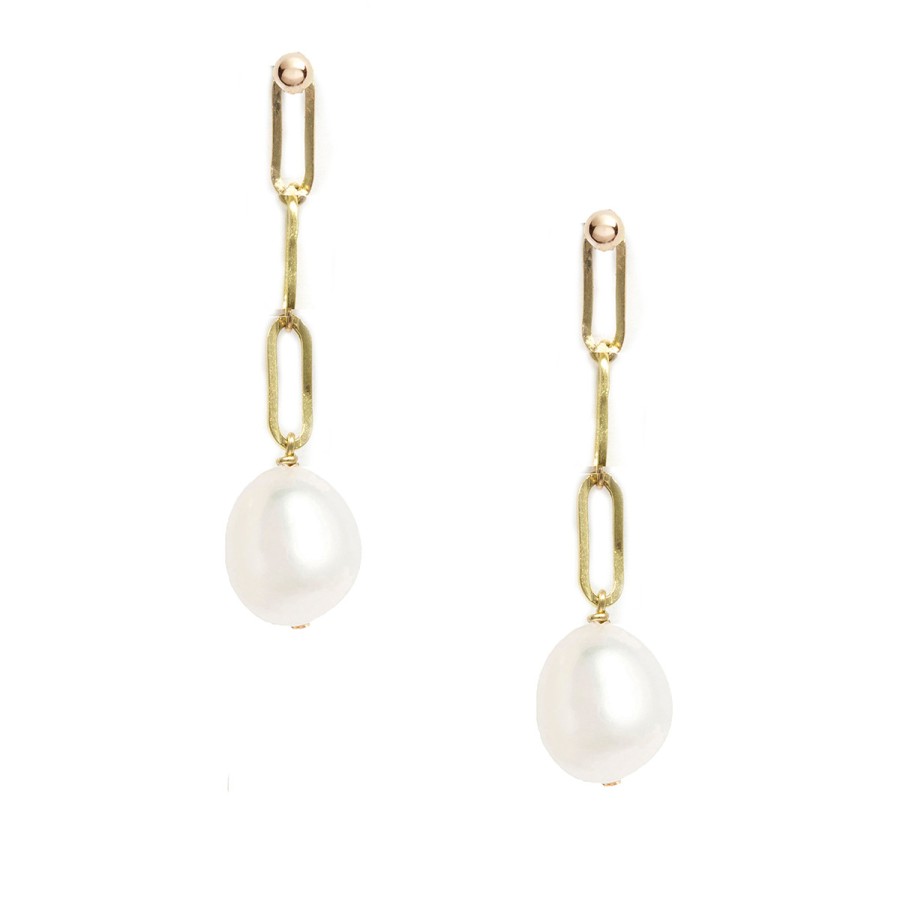 Earrings Tomfoolery London | Gold Tripe Link Pearl Earrings In 14Ct Yellow Gold