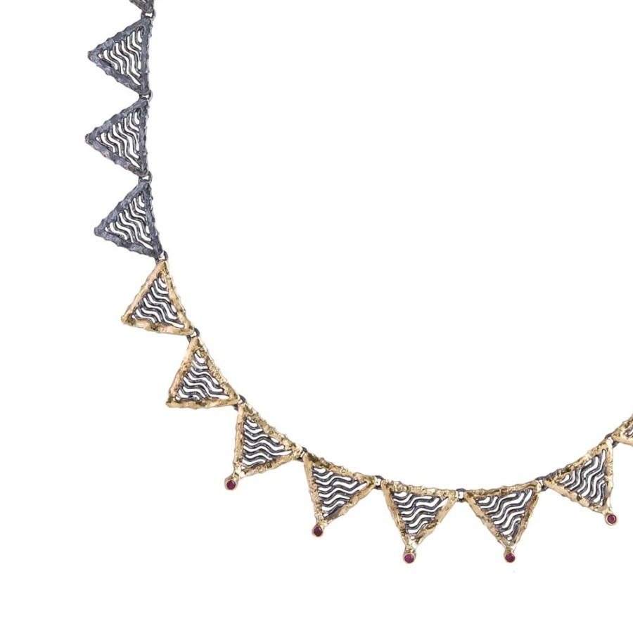 Necklaces Tomfoolery London | Oxidised Silver Textured Ruby Wave Necklace