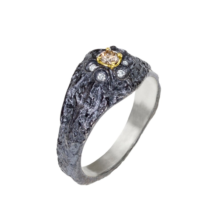 Rings Tomfoolery London | Oxidised Silver & Diamond Textured Flower Ring