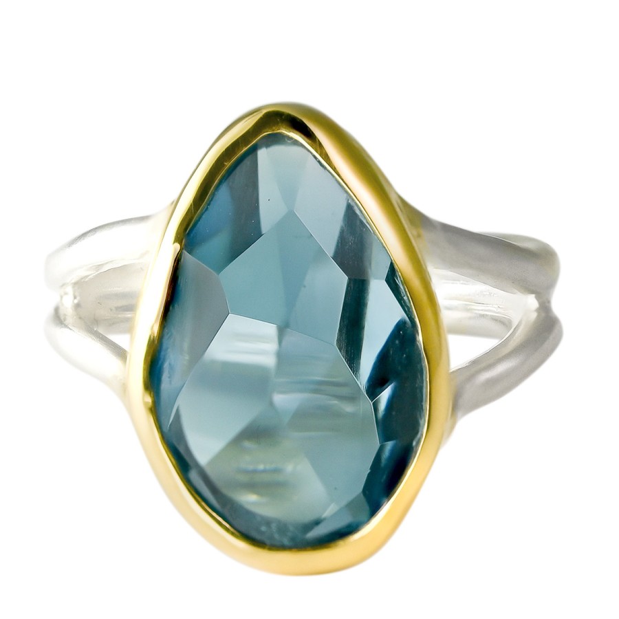 Rings Tomfoolery London | Large Irregular Cut Blue Topaz, 18Ct Yellow Gold & Silver Double Band Ring