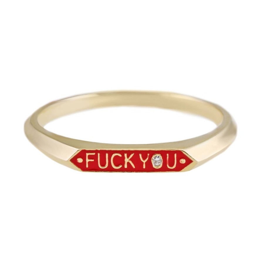 Rings Tomfoolery London | Diamond & Enamel 14Ct Yellow Gold 'Fuck You' Ring