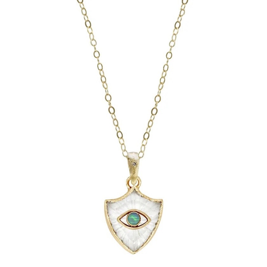 Necklaces Tomfoolery London | Opal Eye Small Shield Amulet 14Ct Yellow Gold