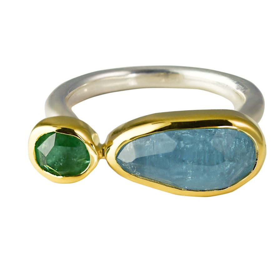 Rings Tomfoolery London | Green Amethyst, Aquamarine, 18Ct Yellow Gold & Silver Ring