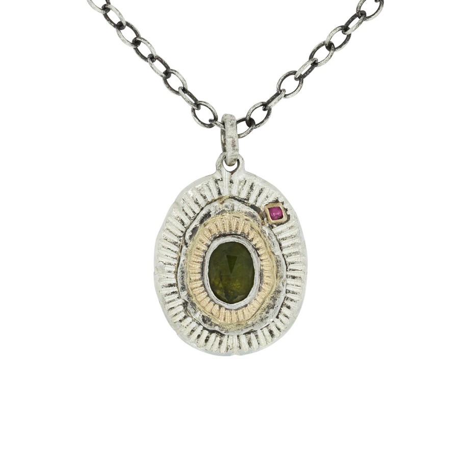 Necklaces Tomfoolery London | Sterling Silver Green Tourmaline & Ruby Necklace