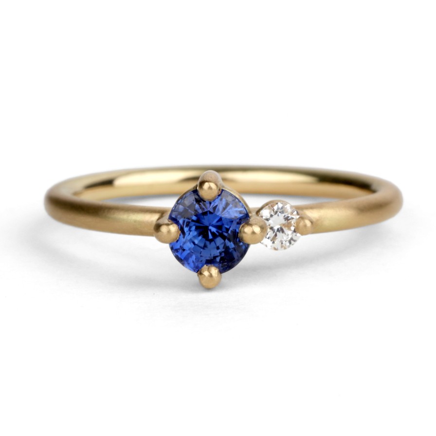 Rings Tomfoolery London | Blue Sapphire & White Diamond Round Duo Ring