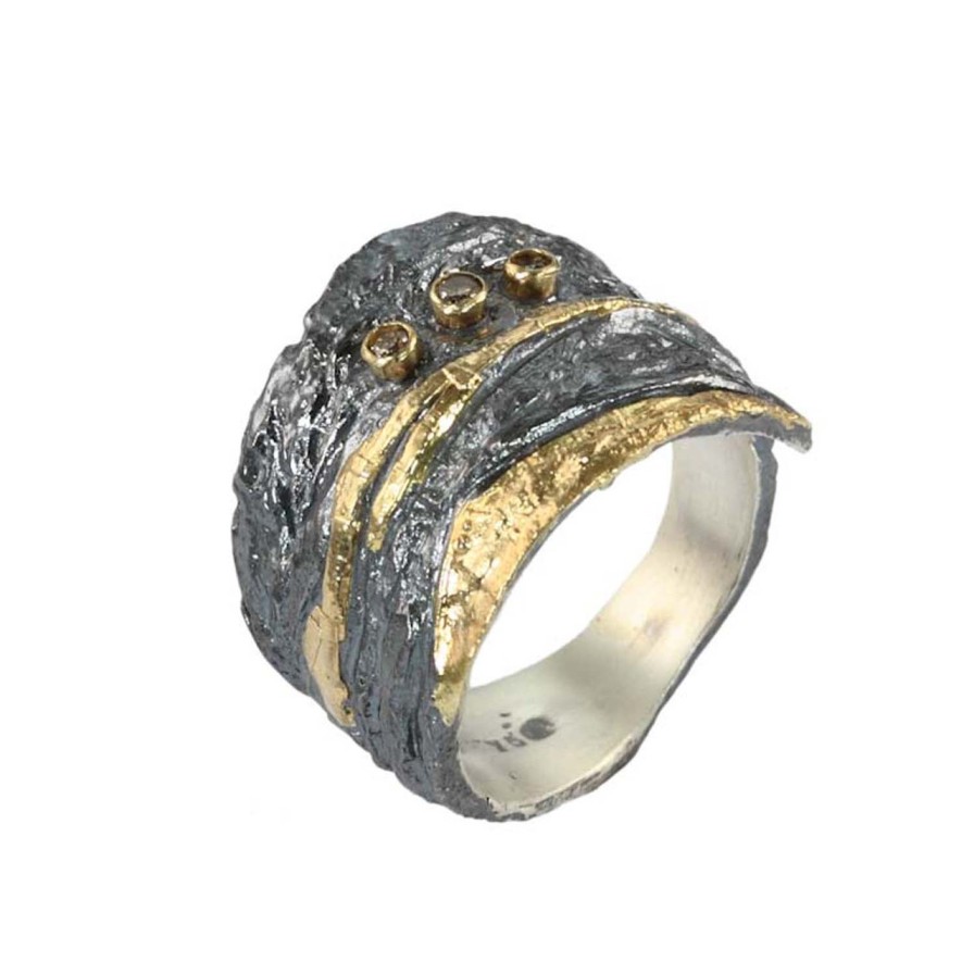 Rings Tomfoolery London | Oxidised Silver, Gold & Brown Diamond Wrap Ring