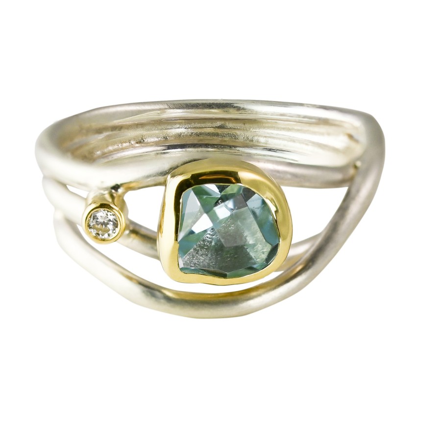 Rings Tomfoolery London | Aquamarine, Diamond, 18Ct Yellow Gold & Silver Narrow Wrap Ring