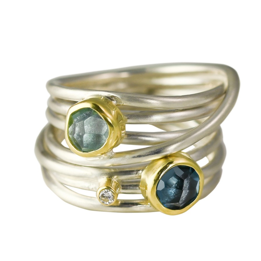 Rings Tomfoolery London | Aquamarine, Blue Topaz, Diamond, 18Ct Yellow Gold & Silver Wide Wrap Ring