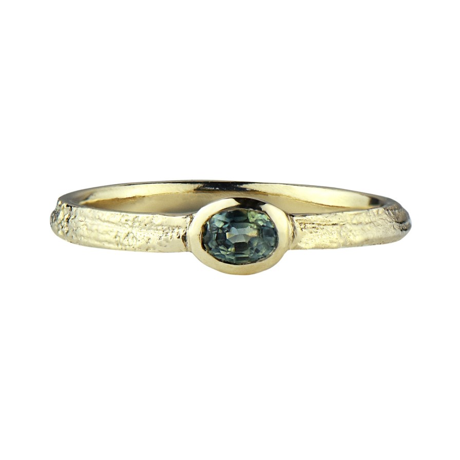 Rings Tomfoolery London | Skinny Gold & Green Montana Sapphire Gemstone Oak Ring